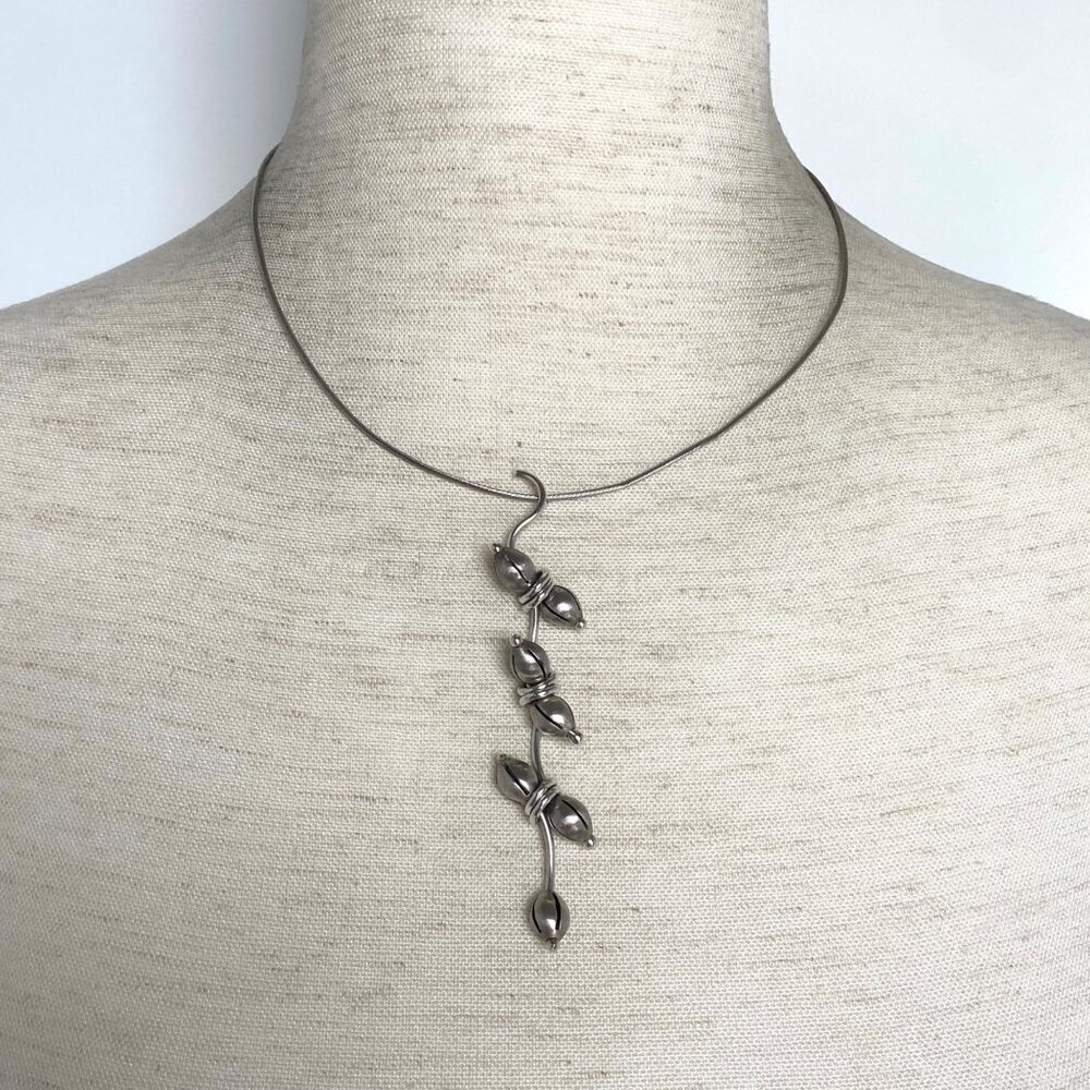 VTG Sterling Silver 925 Hand-wrought Modernist Beaded Floral Acorn Wire Necklace